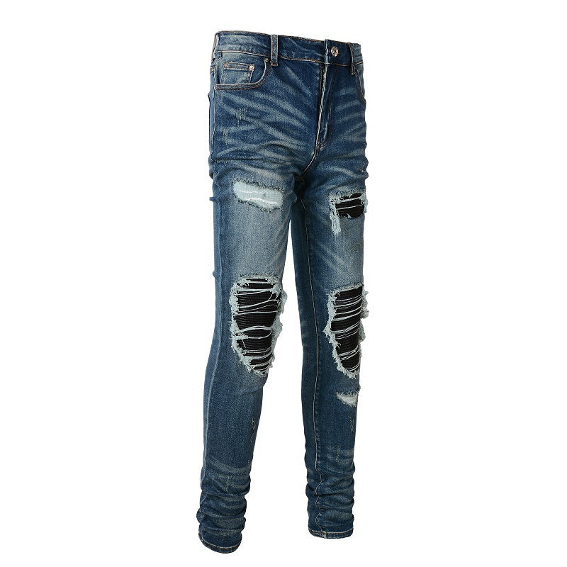 High Street Trend Jeans Trendy Men's Ripped Patch Beggar Jeans 6612