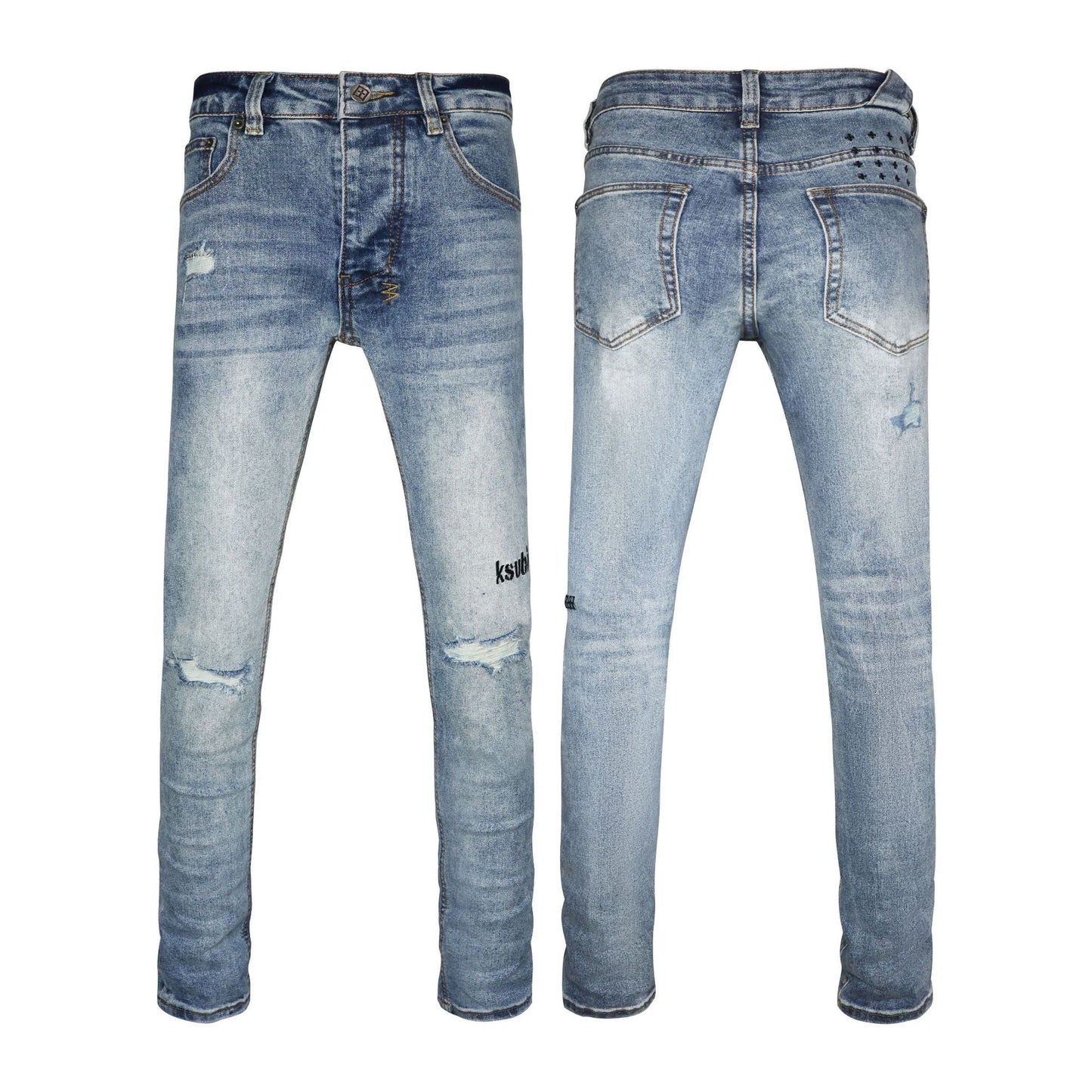 Faded Light Blue High Waisted Flare Jeans - Black Stitch Ripped Wide Leg with Back Rivet Details