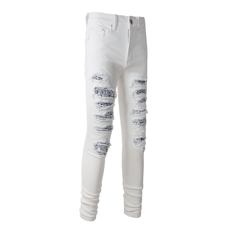 Pantalon décontracté en denim blanc coupe slim élastique déchiré High Street #843