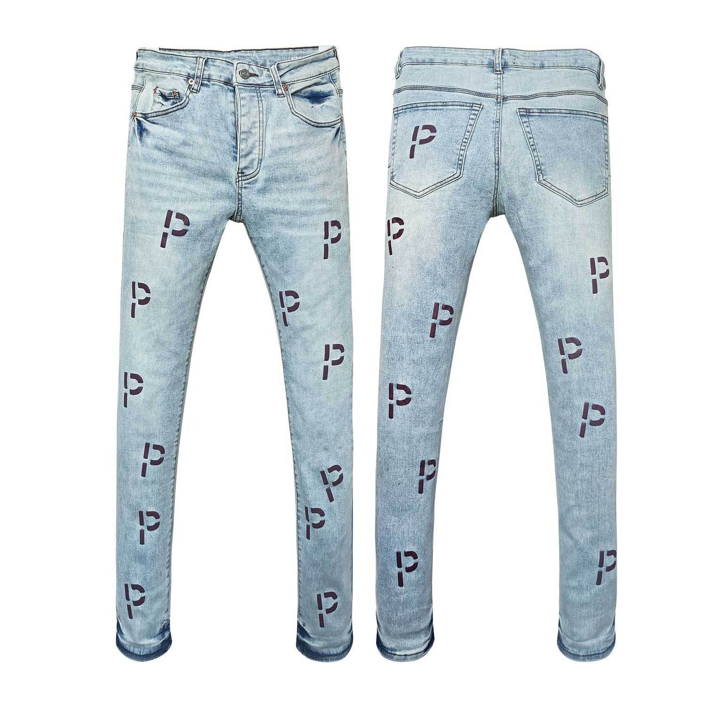 Premium Men's Blue Denim - Unique Distressed Ombre Design & Bold All-Over Graphic Logo Print