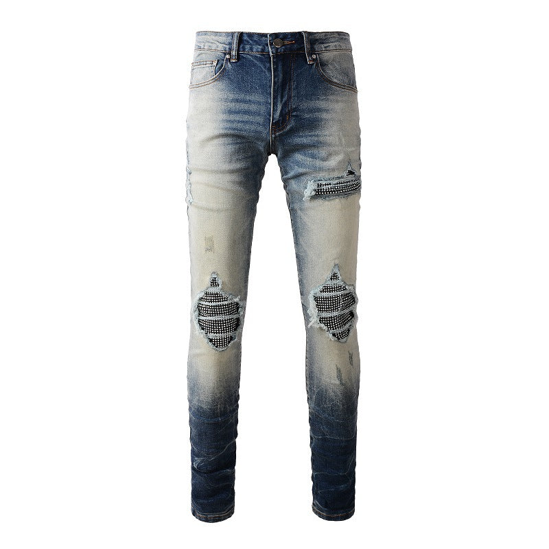Jeans High Street pour hommes, tendance, déchirés, avec patchs en diamant, jeans Beggar #1331