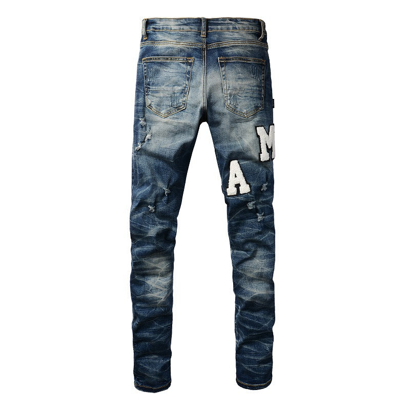 Pantalon slim élastique avec patch déchiré et lettres brodées de style High Street européen et américain #1314