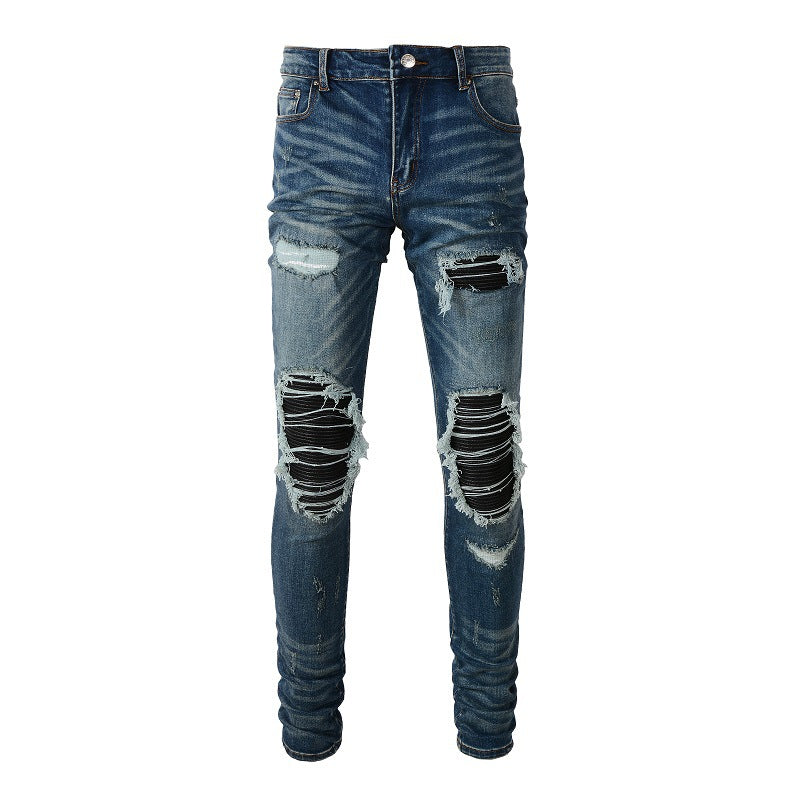High Street Trend Jeans Trendy Men's Ripped Patch Beggar Jeans 6612