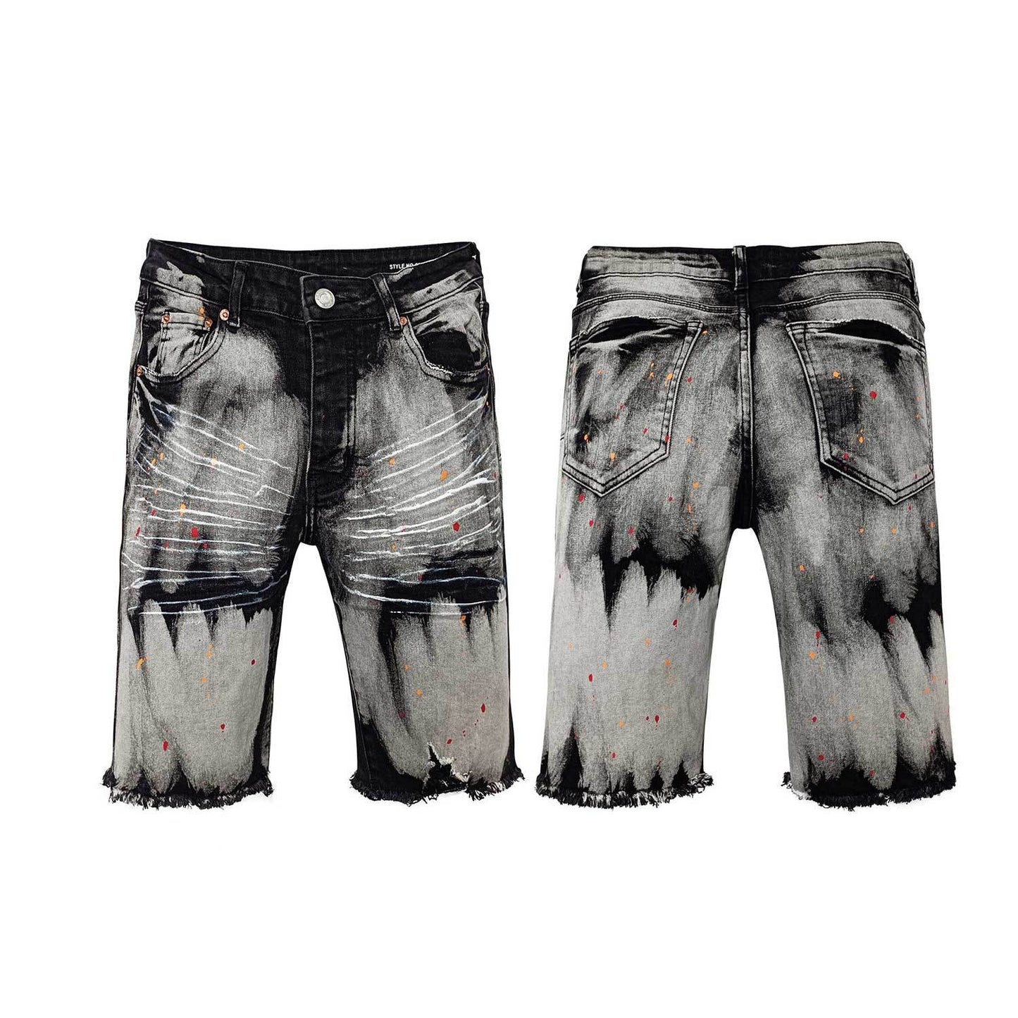 Men's Marble Black Denim Shorts - Artistic Acid Wash Pattern with Vibrant Paint Splatters