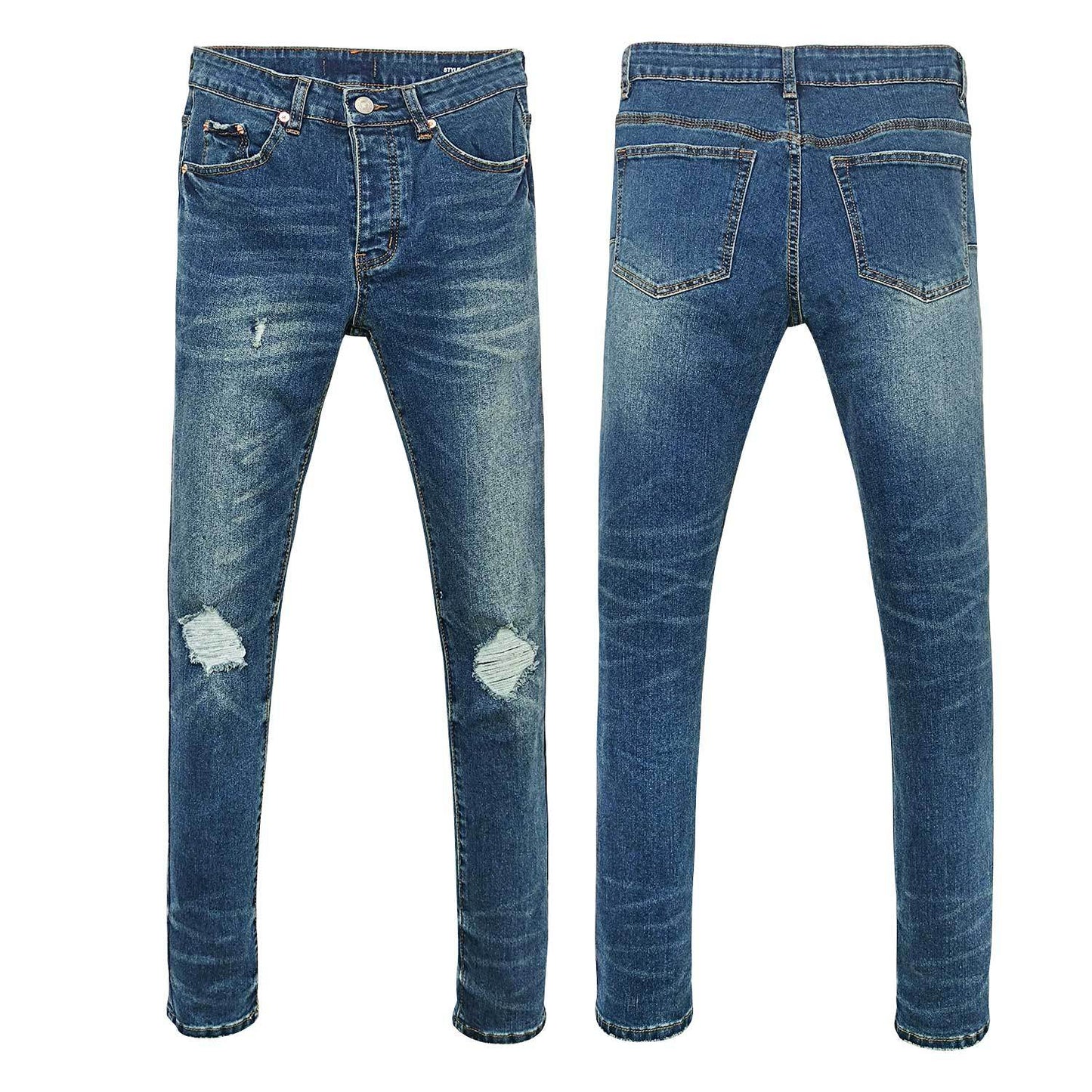 Men's Distressed Acid Wash Slim Jeans with Paint Splatter & Knee Rips - Urban Streetwear