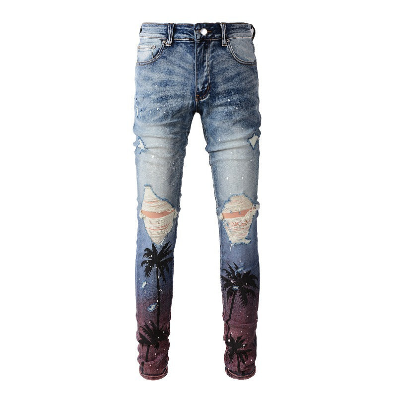 6597 Pantalones vaqueros elásticos y ajustados con pintura en aerosol y estampado digital de coco de la marca Tide