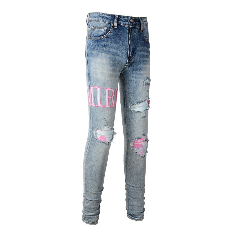 Pantalones vaqueros de estilo europeo y americano de estilo urbano para hombre, con parches rotos, ajustados y finos, para pies pequeños, n.° 1316