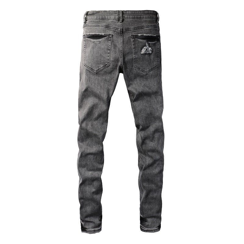 Vintage Washed Ripped Cashew Flower Patch Elastic Slim Small Feet Dark Grey Jeans 8903