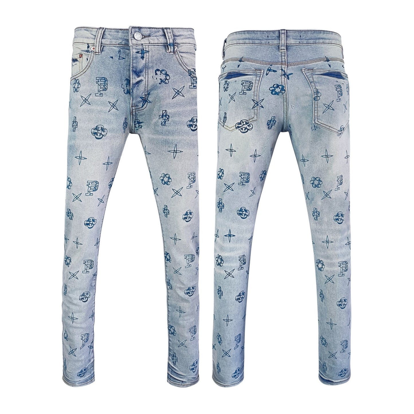 Men's Light Blue Slim Jeans with All-over Vintage Totem & Star Monogram Print