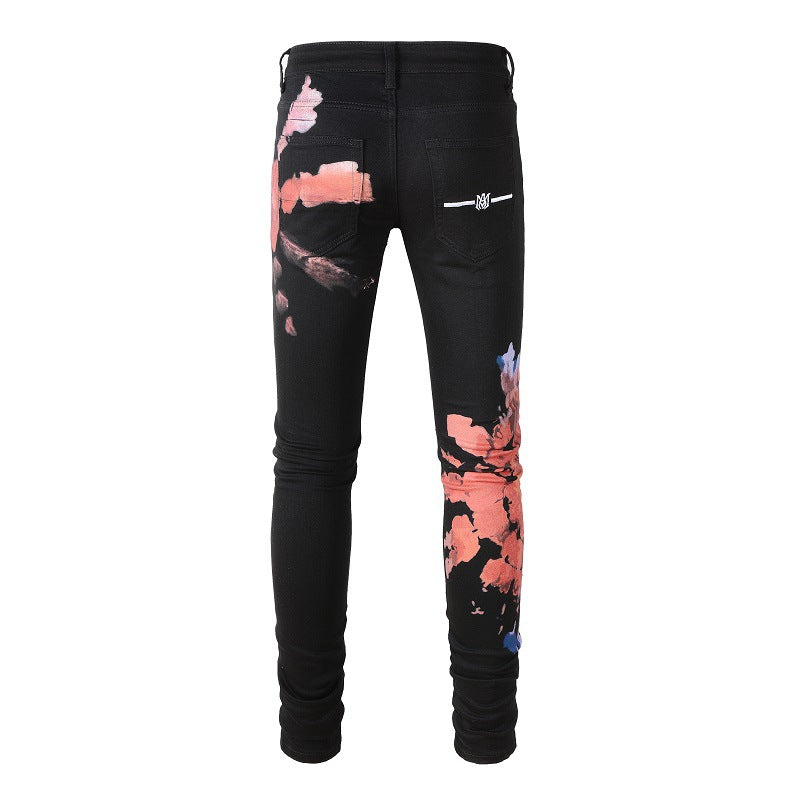 Pantalon en jean slim extensible à motif graffiti européen et américain #1309