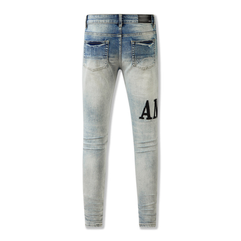 Jeans Mens Fashion Jean Demin High Amiirii Street Distressed Wash Patches Patched Letters Black 603