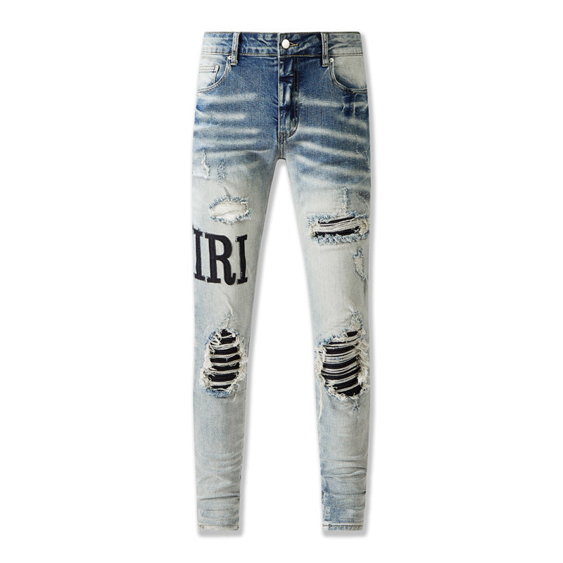 Jeans Mens Fashion Jean Demin High Amiirii Street Distressed Wash Patches Patched Letters Black 603