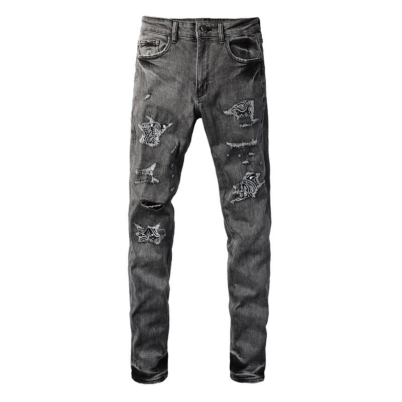 Vintage Washed Ripped Cashew Flower Patch Elastic Slim Small Feet Dark Grey Jeans 8903