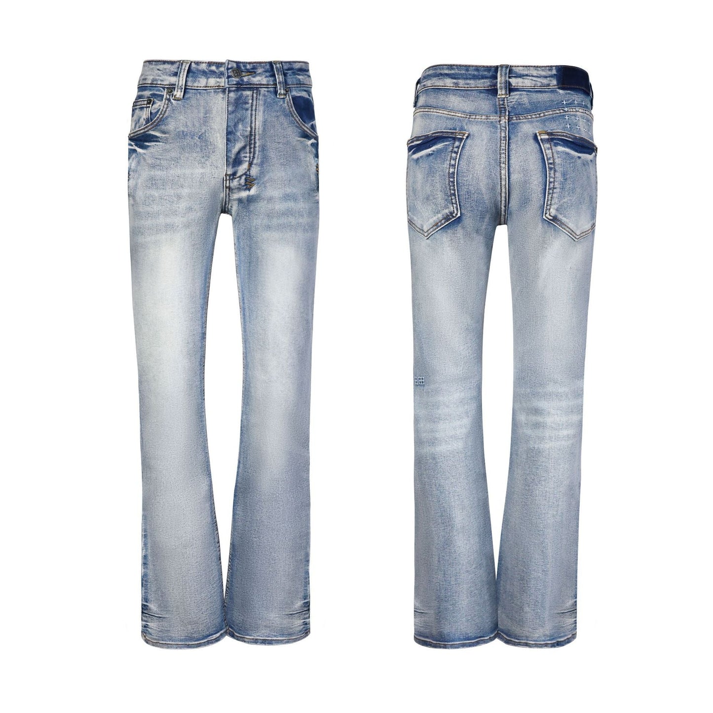 Men's Light Blue Flare Jeans - Vintage Whisker Wash Denim with Classic Bootcut Fit