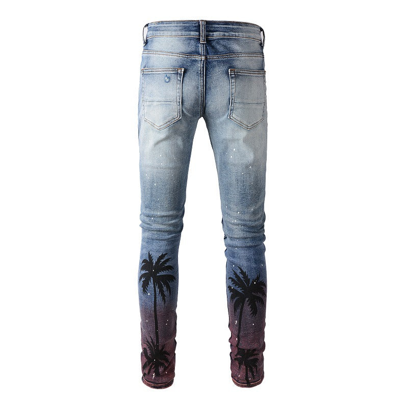 6597 Pantalones vaqueros elásticos y ajustados con pintura en aerosol y estampado digital de coco de la marca Tide