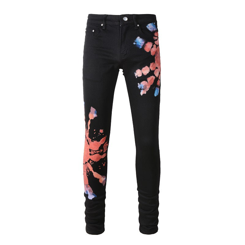 Pantalon en jean slim extensible à motif graffiti européen et américain #1309