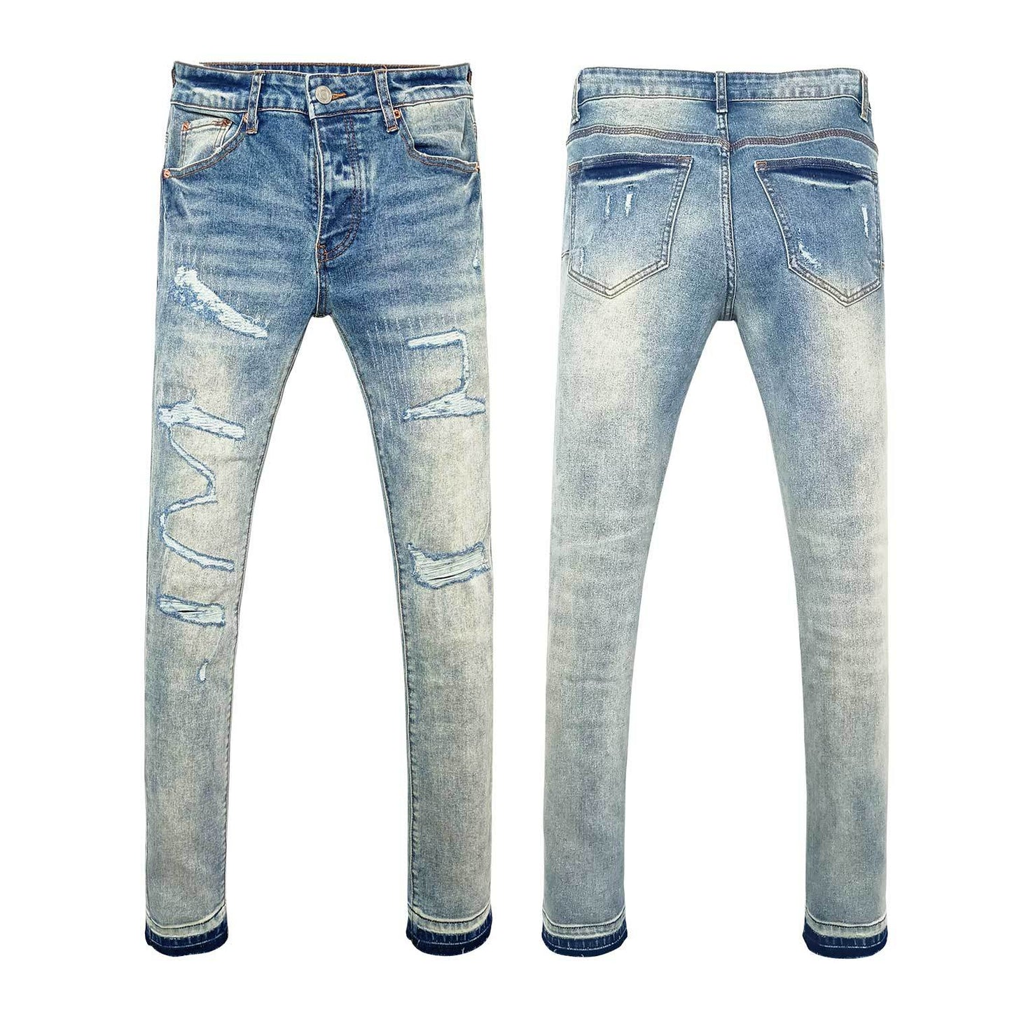 Premium Slim Leg Blue Jeans for Men - Classic Distressed Wash & Destroyed Details