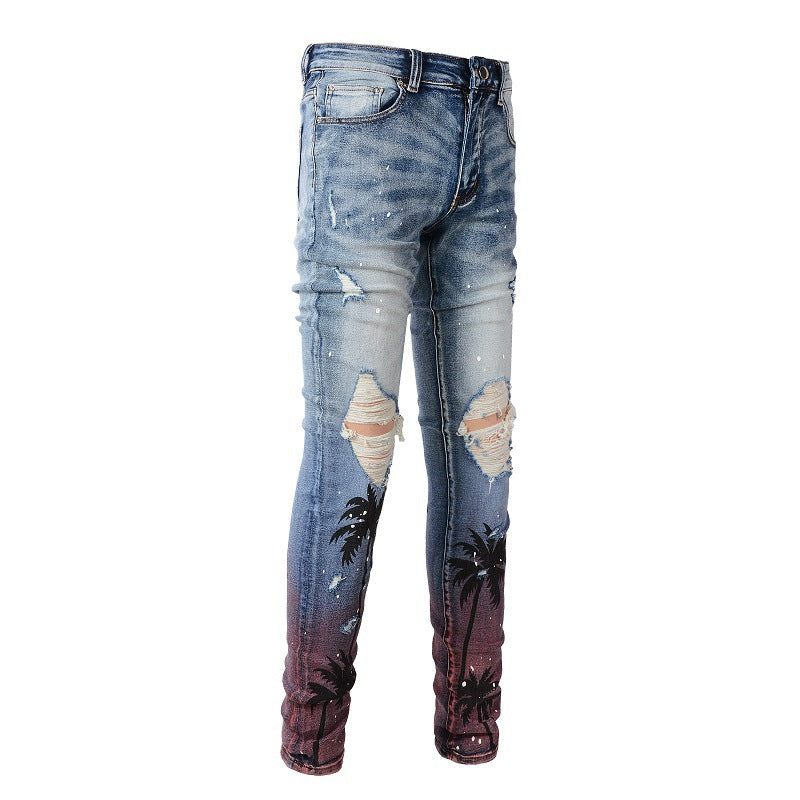6597 Pantalones vaqueros elásticos y ajustados con pintura en aerosol y estampado digital de coco de la marca Tide