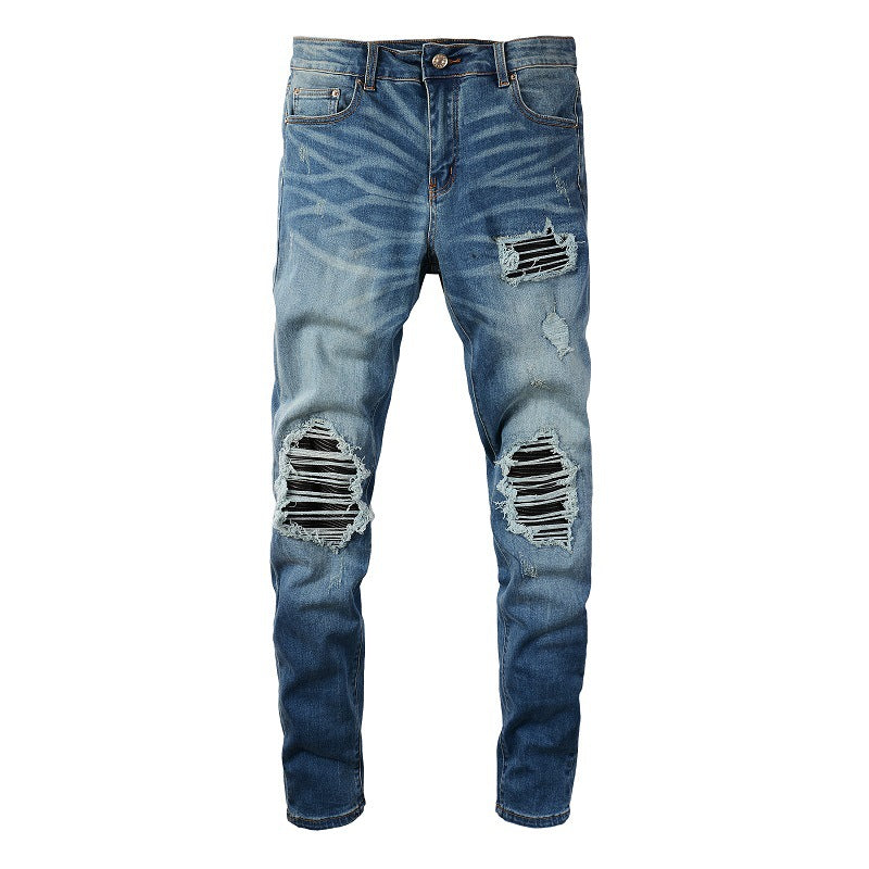 6520 Jeans transfrontaliers Marque tendance Rétro Plissé Déchiré Patch Jeans Slim Homme