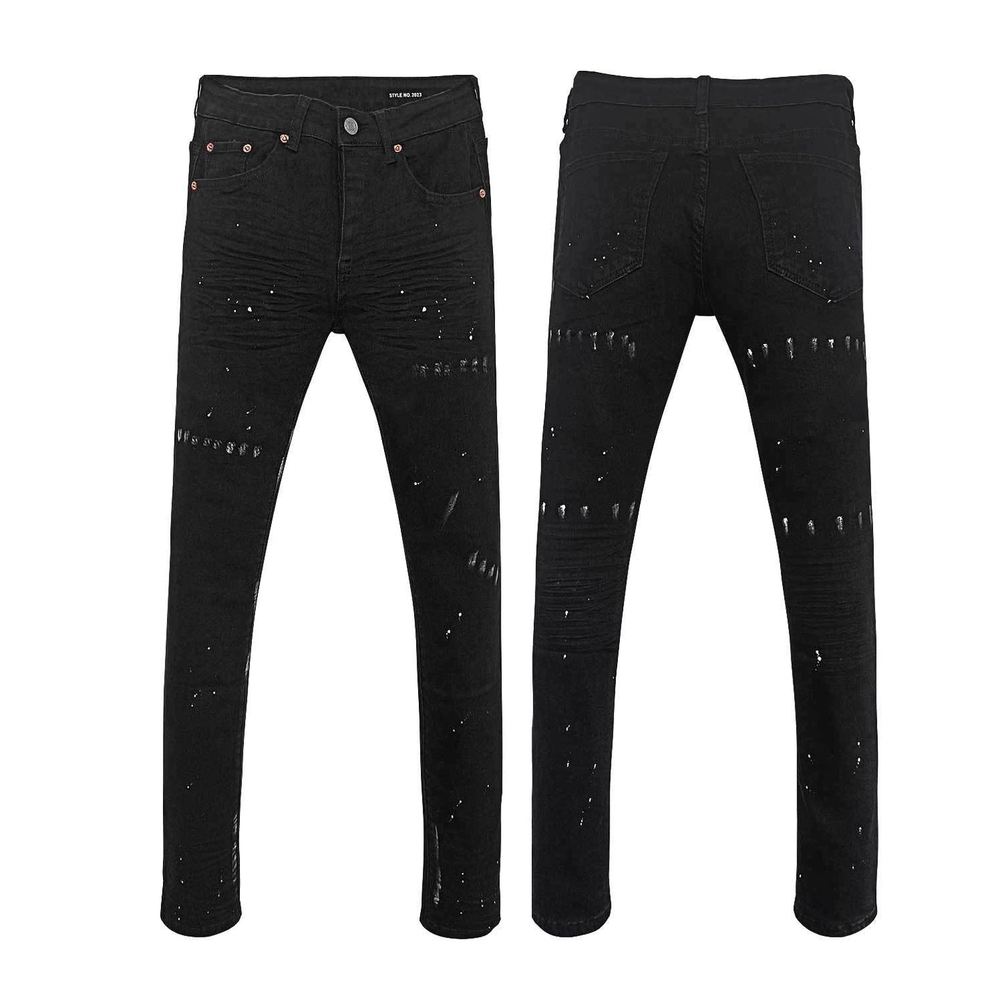 Men's High Street Solid Black Slim Jeans - Unique White Paint Splatter & Faded Denim