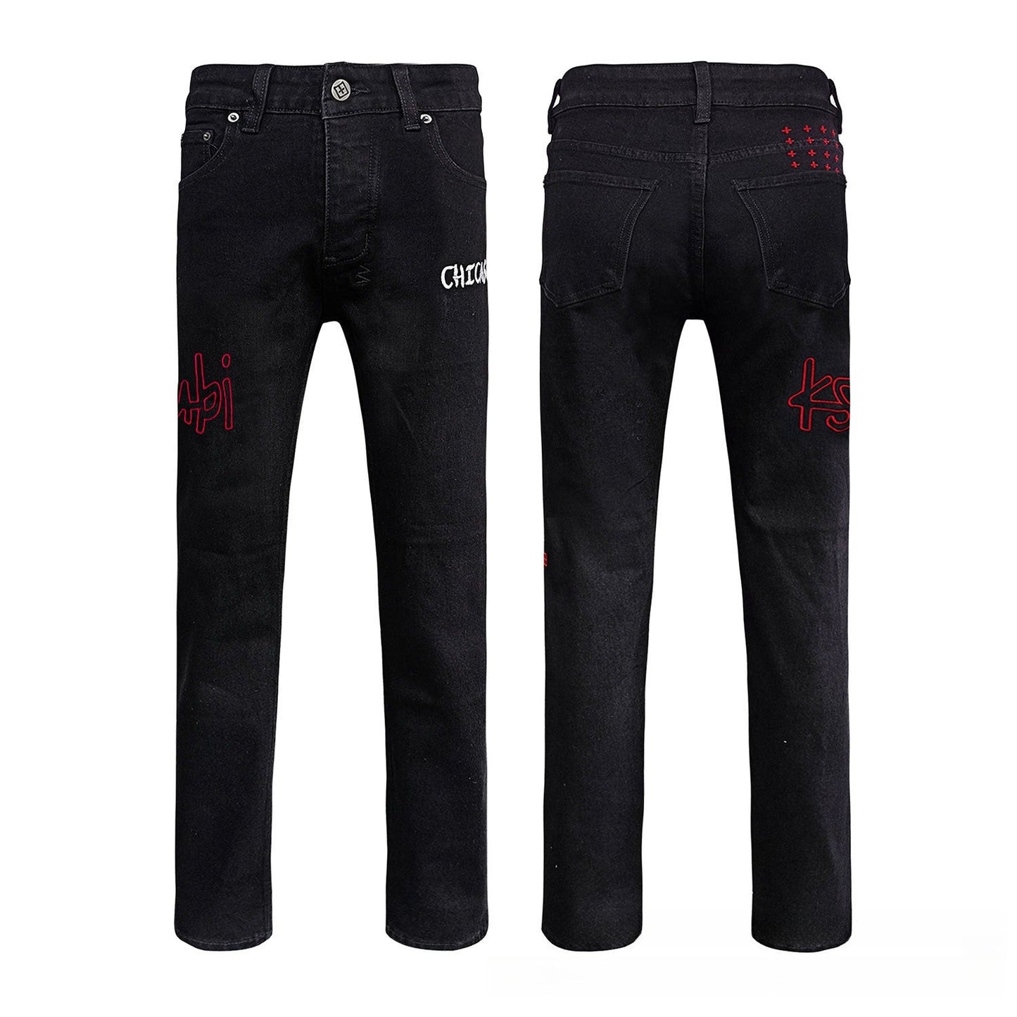Men's Black Slim Fit Jeans - Bold Red Outline Embroidery & Artistic Graphic Detail