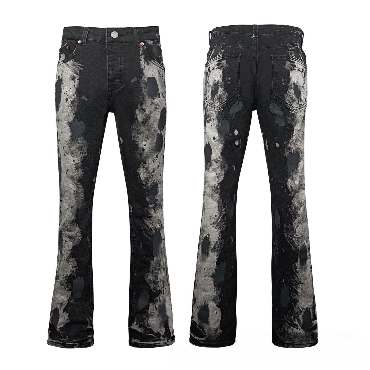 Premium Grey & Black Slim Flare Jeans - Heavy Splatter Pattern Denim with Vintage Wash