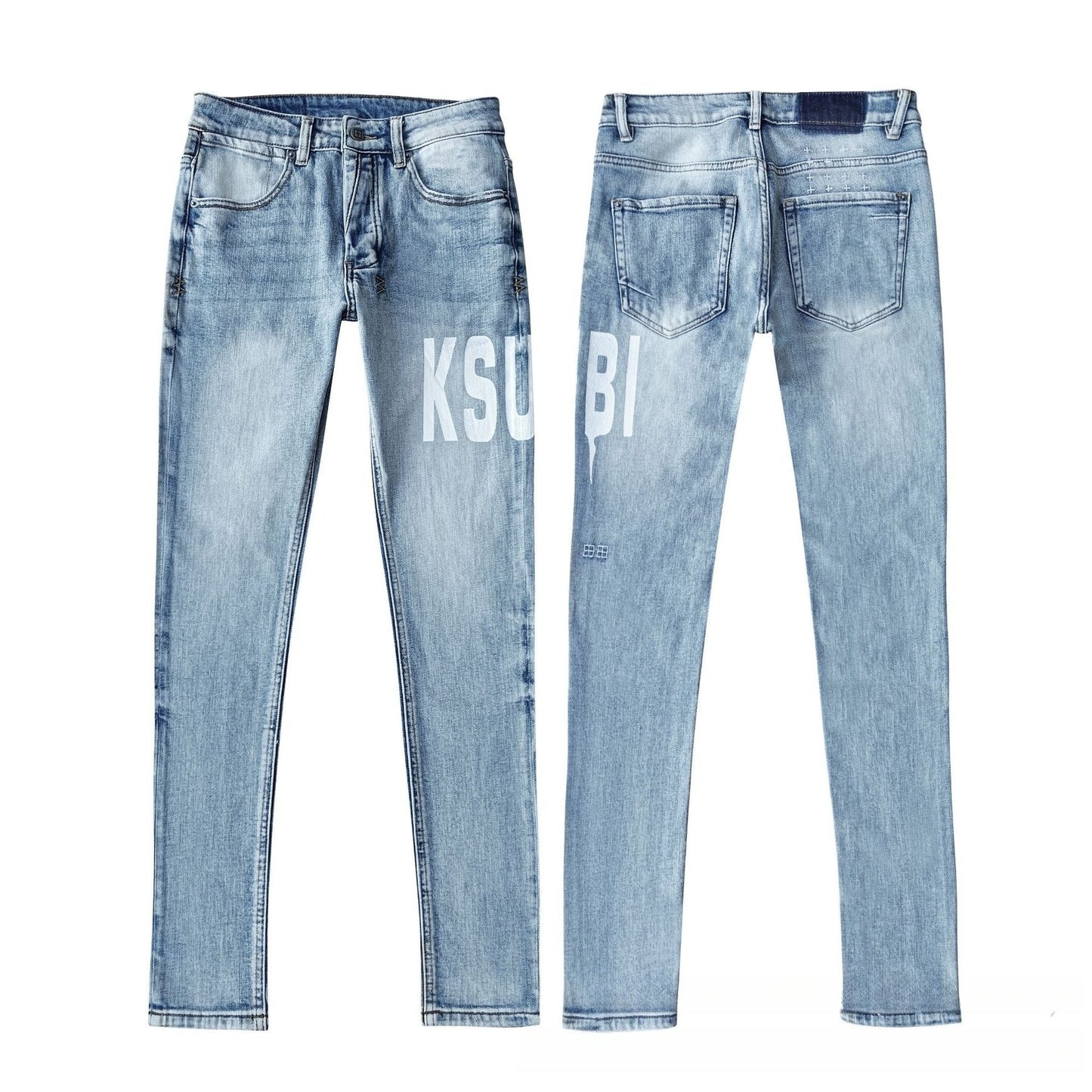 Light Blue Distressed Flare Jeans with Bold Graphic Print High Waisted Ripped Bell Bottom Denim