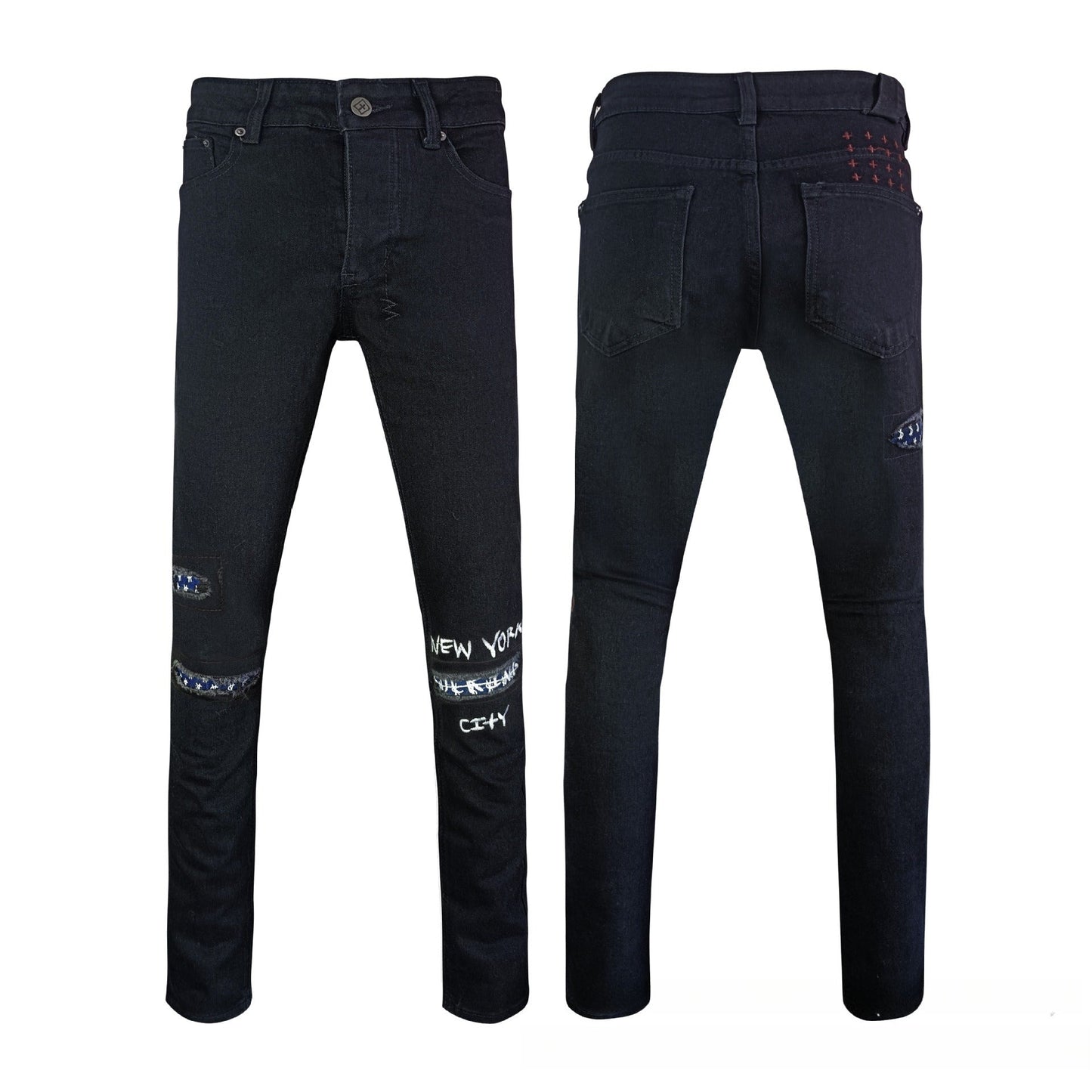 Trendy Black Distressed Denim Pants Men Skinny Fit New York City Print Star Patch Street Fashion