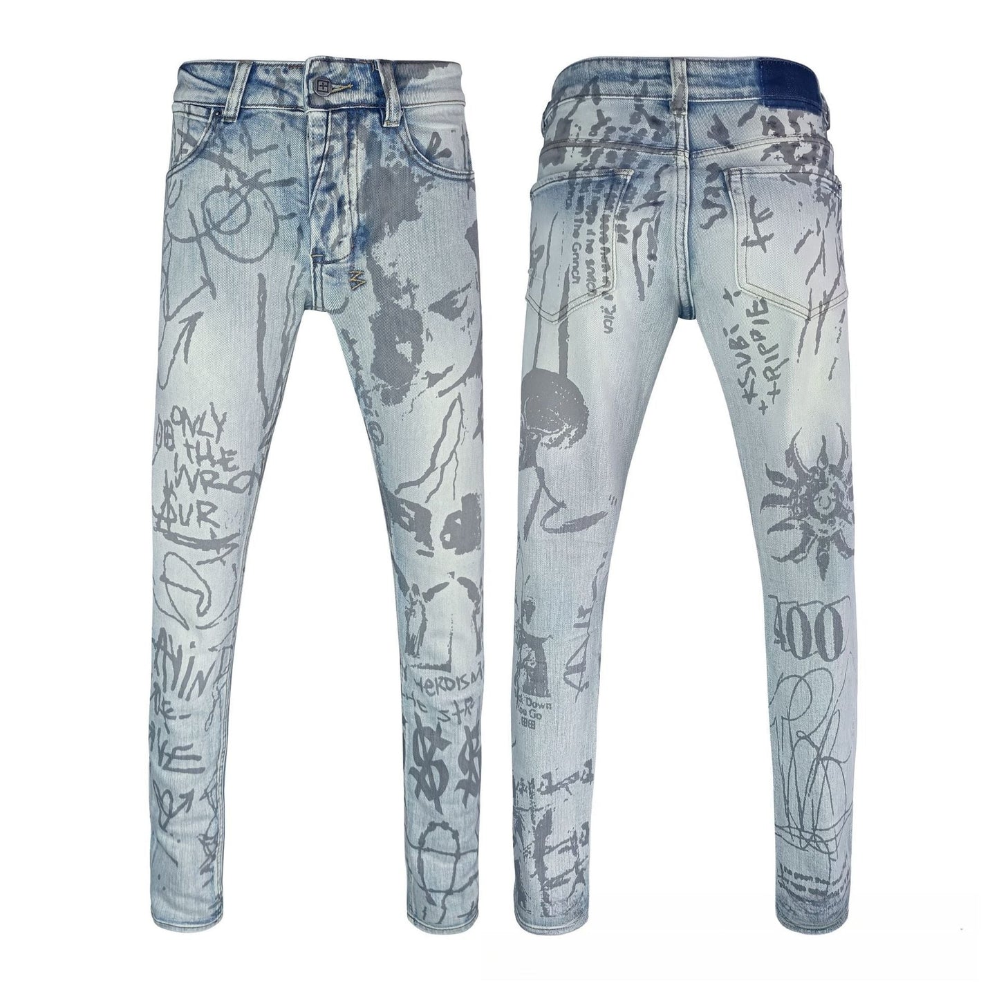 Men's Light Blue Skinny Jeans with Bold Black Graffiti Art, Skull, Dollar Sign & Abstract Drawings