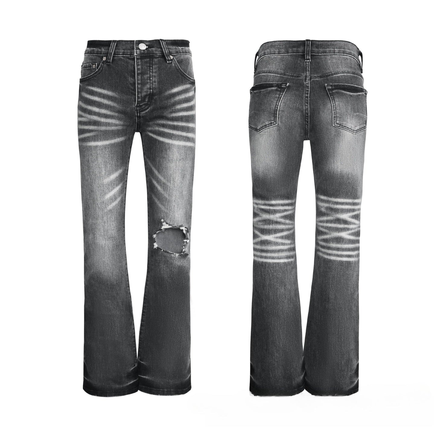 Men's Dark Grey Flare Jeans - Bold Radial Whisker Fading Denim with Rugged Knee Rip