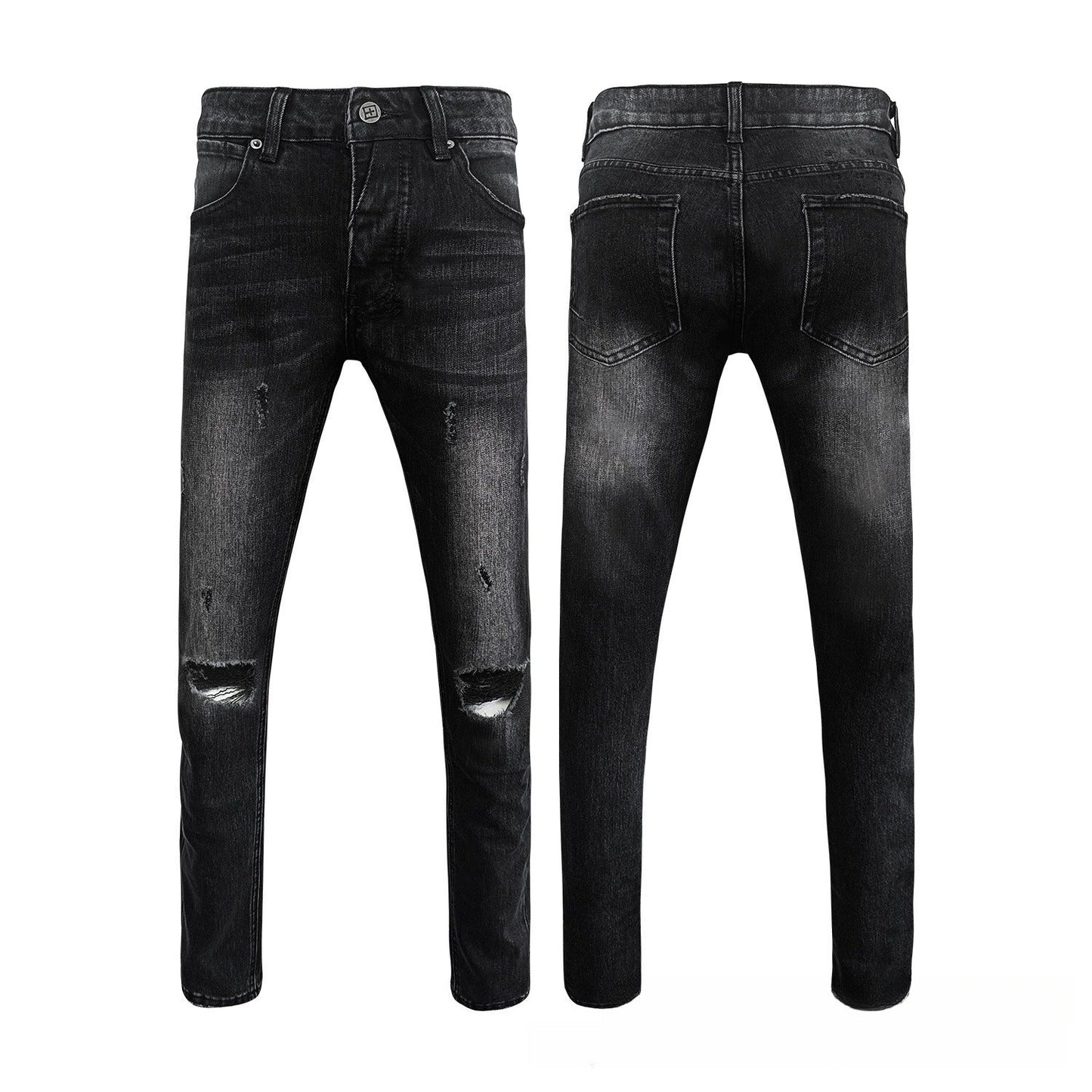 Black Distressed Skinny Jeans Men - Ripped Knees, Faded Black Wash, Slim Fit Destroyed Denim Pants