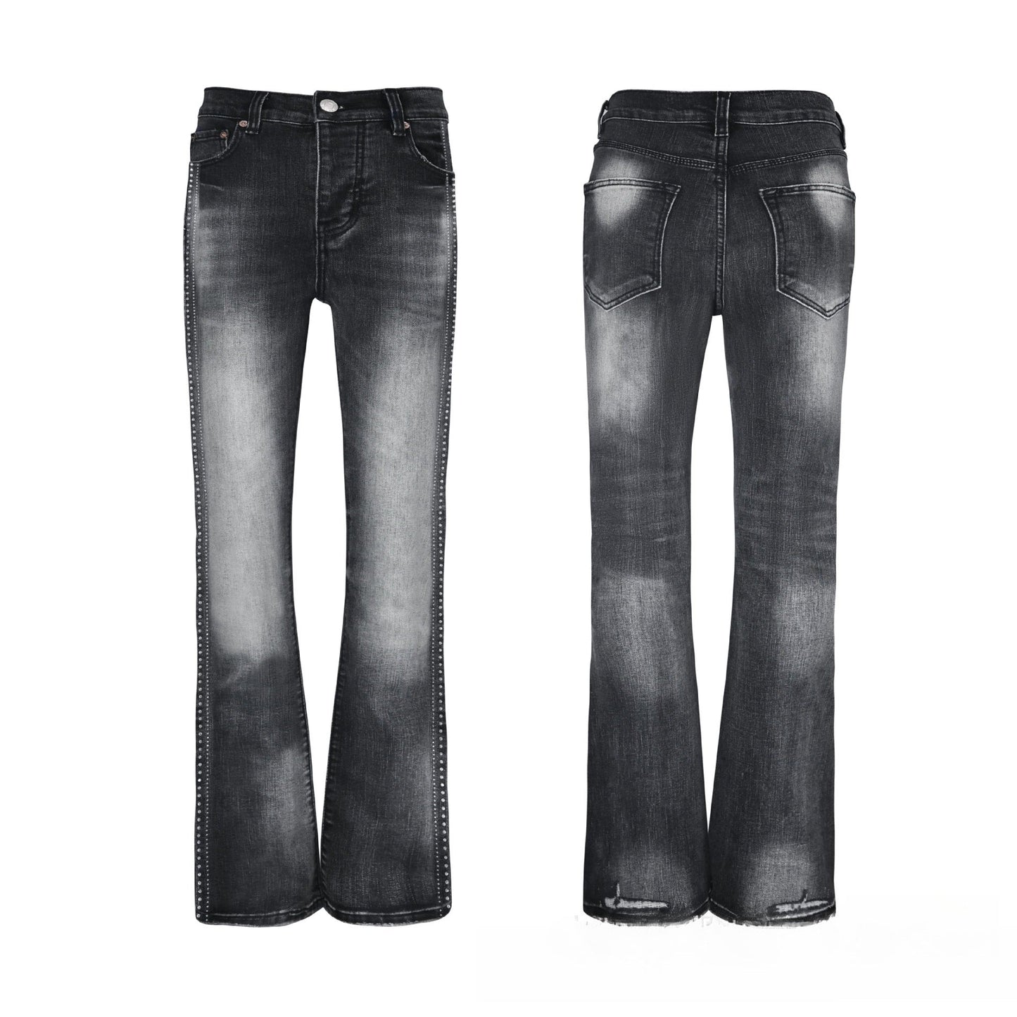 Men's Black Studded Flare Jeans - Avant-Garde Side Seam Metal Details & Vintage Washed Denim