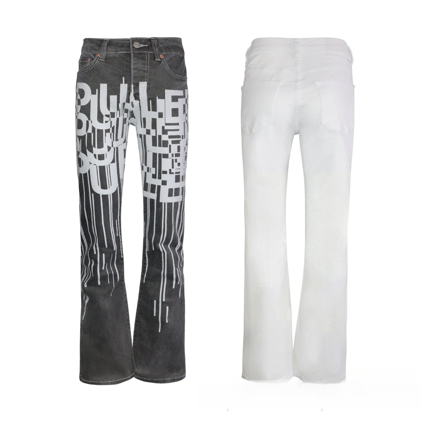 Men's Grey & White Two-Tone Flare Jeans - Avant-Garde Geometric Graphic Print Denim
