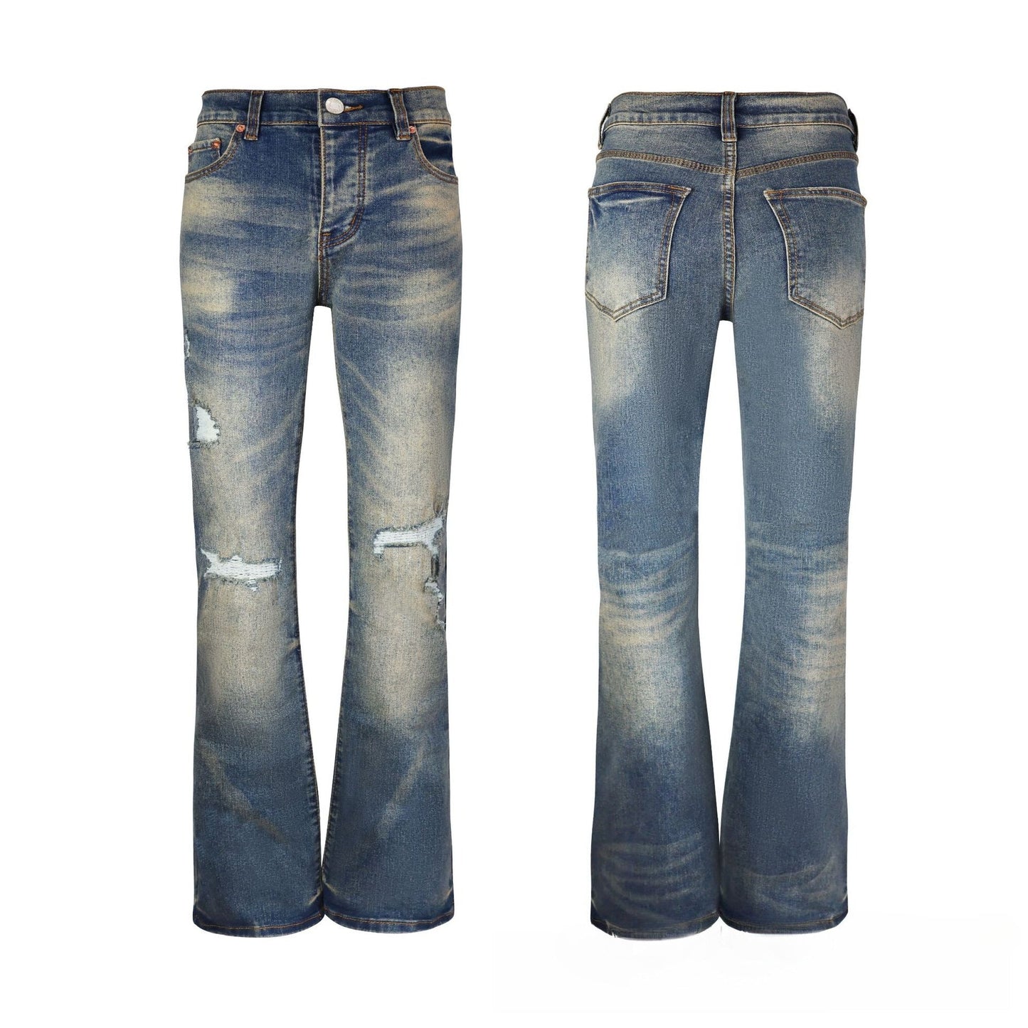 Classic Blue Wash High Rise Destroyed Flare Jeans - Retro Ripped Denim