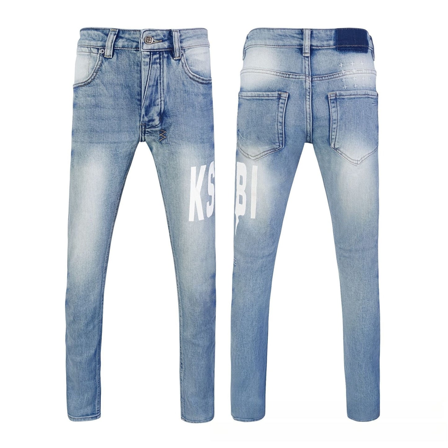 Light Blue Distressed Flare Jeans with Bold Graphic Print High Waisted Ripped Bell Bottom Denim