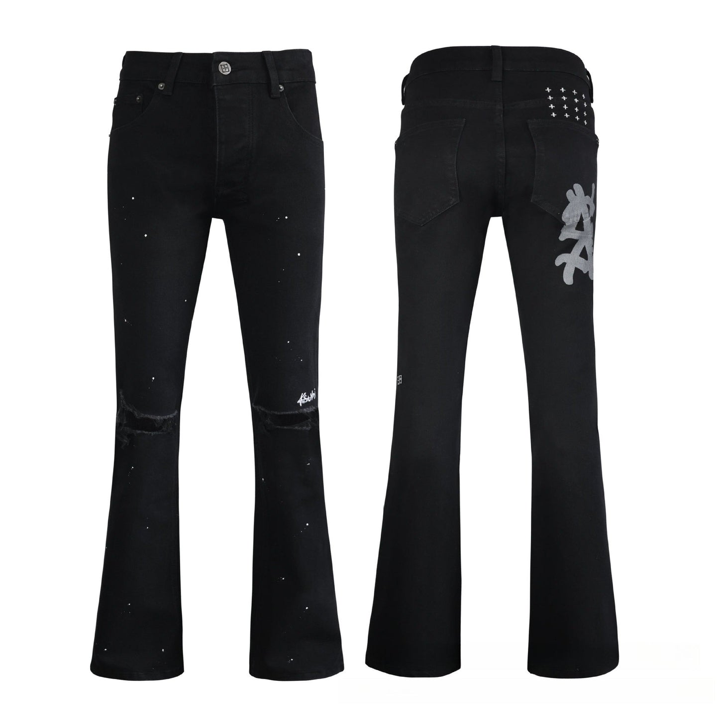 Men's Black Flare Jeans - Streetwear Graffiti Graphic Denim with White Splatter Detail