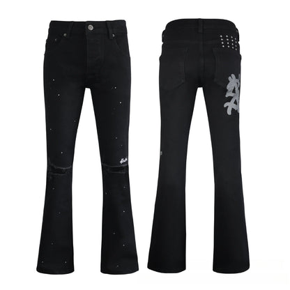 Men's Black Flare Jeans - Streetwear Graffiti Graphic Denim with White Splatter Detail