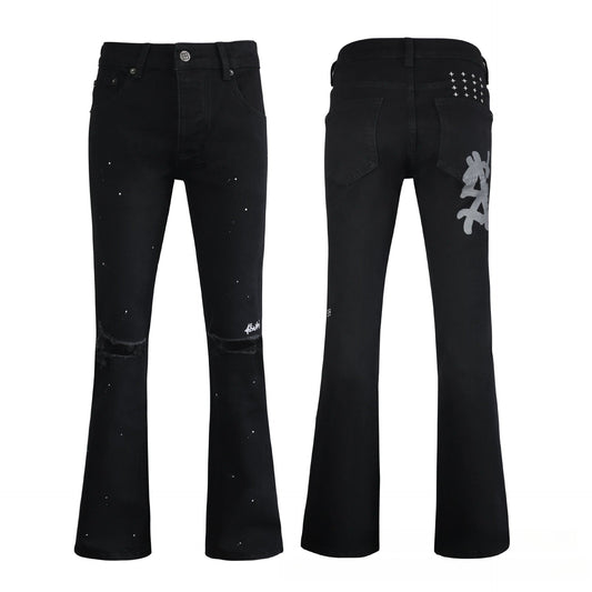 Men's Black Flare Jeans - Streetwear Graffiti Graphic Denim with White Splatter Detail