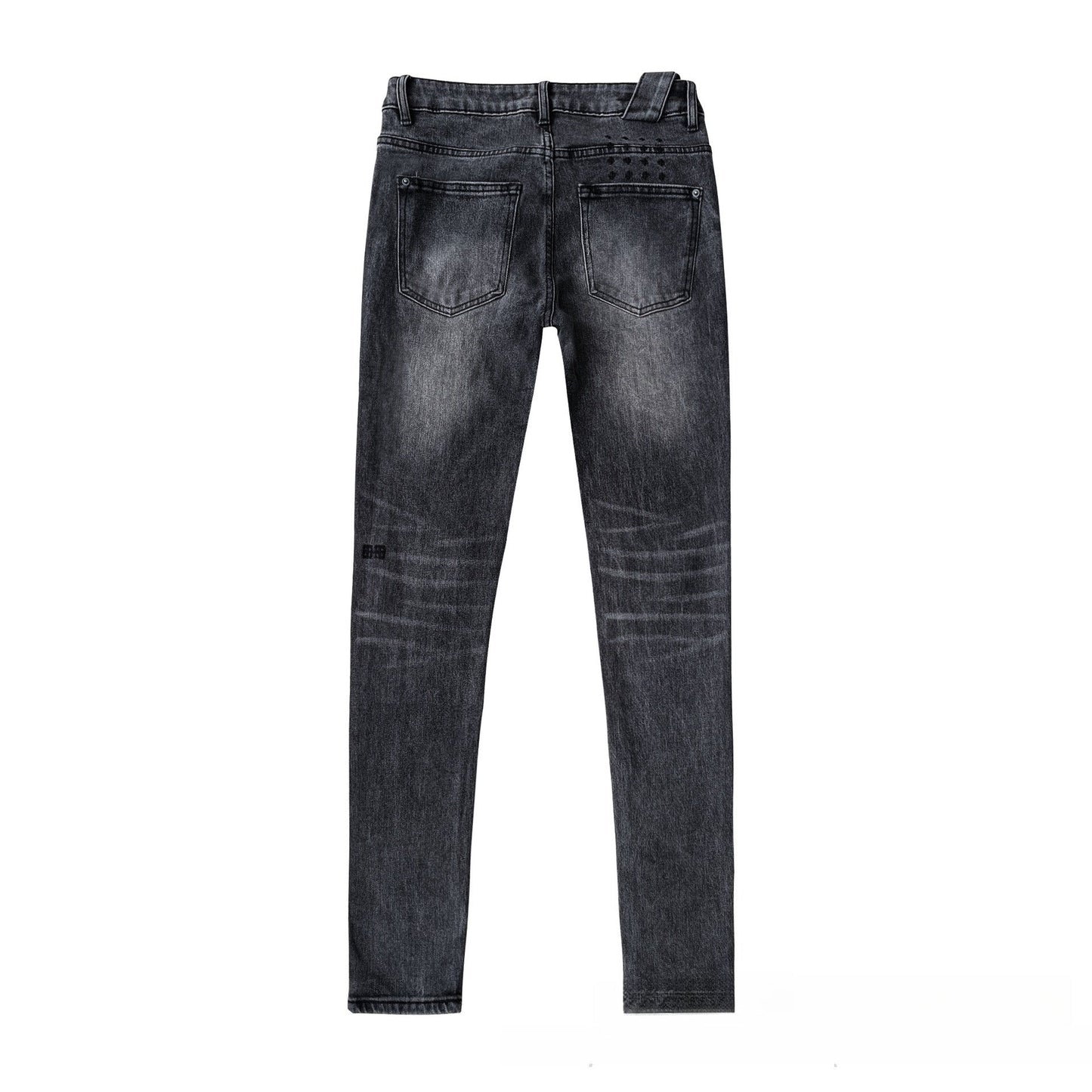 Men's Distressed Charcoal Black Skinny Jeans - Unique Knee Rip & Aged Wash Fringed Finish