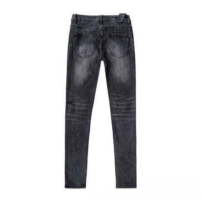 Men's Distressed Charcoal Black Skinny Jeans - Unique Knee Rip & Aged Wash Fringed Finish