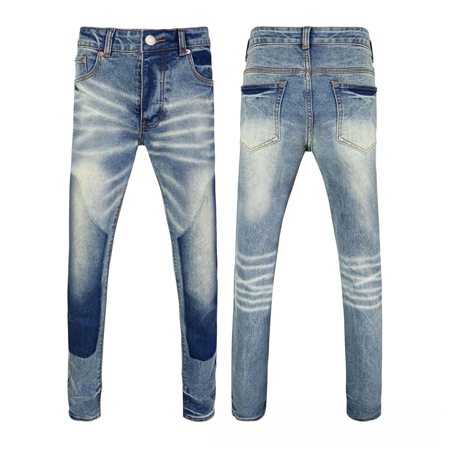 Men's Blue Slim Fit Jeans - Bold Radial Whisker Wash & Geometric Paneled Design