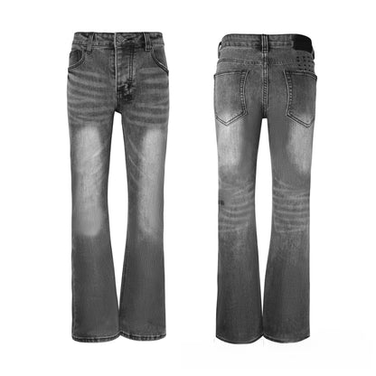 Men's Dark Grey Flare Jeans - Detailed Star Cross Embroidery & Vintage Faded Denim
