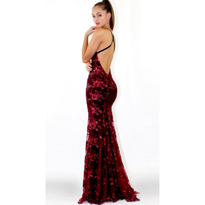 New Spaghetti Strap V-Neck Backless Sequin Tie-Back Gown yq799