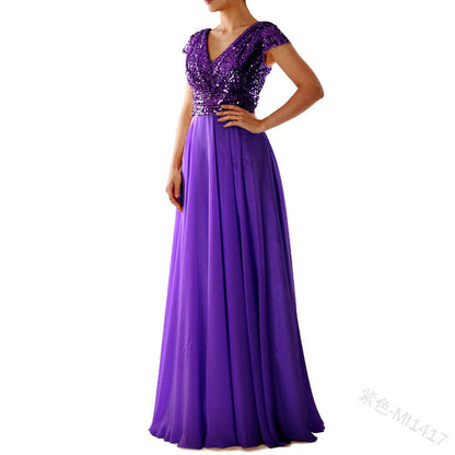 New V-Neck Sequin Chiffon Patchwork Evening Gown Maxi Dress YQ1417