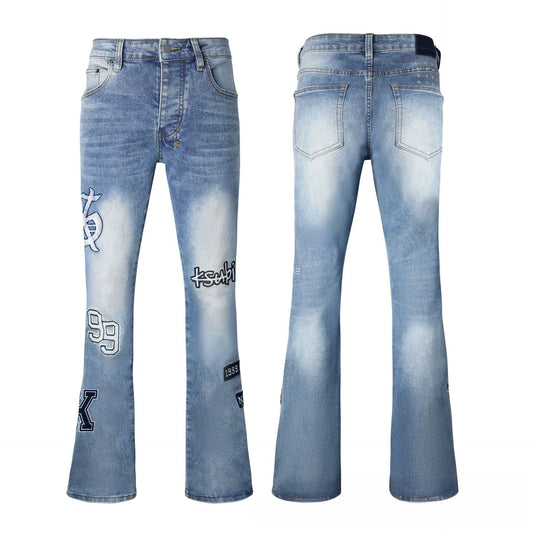 Men's Medium Blue Flare Jeans - Vintage Whisker Wash Denim with Classic Bootcut Fit