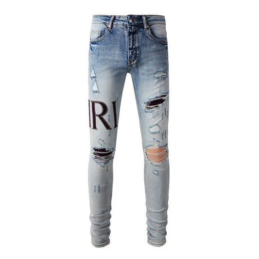 European and American Street Tide Letter Embroidered Jeans High Street Tide Men Slim-fitting Small Feet Jeans #1301
