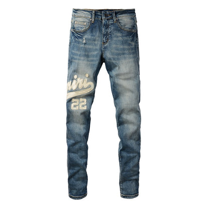 European and American High Street Jeans Letter Sticker Leather Embroidery Trendy Brand Elastic Slim Jeans Men #1311
