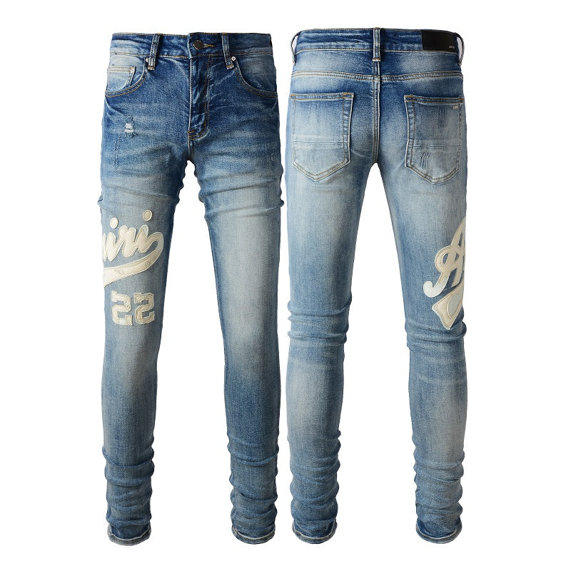 European and American High Street Jeans Letter Sticker Leather Embroidery Trendy Brand Elastic Slim Jeans Men #1311
