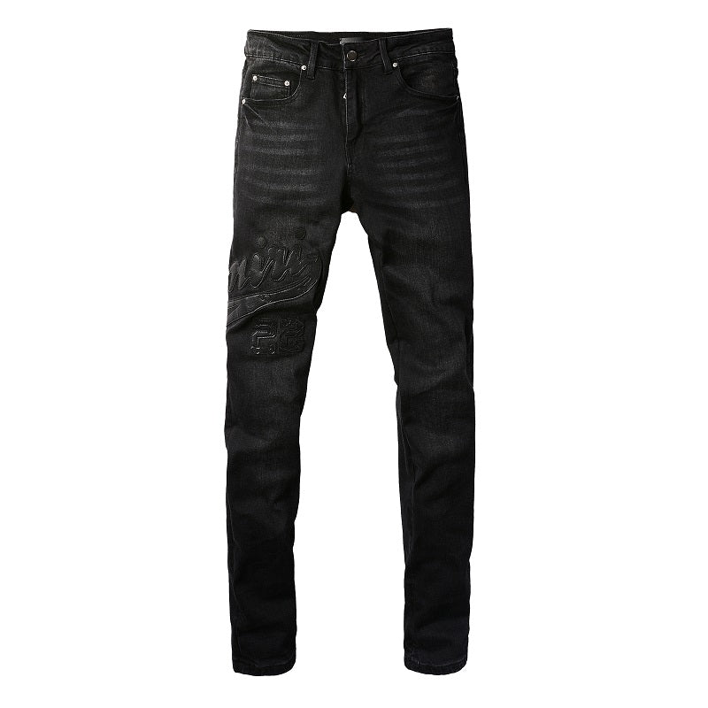 Pantalones vaqueros ajustados elásticos de tendencia urbana europea y americana con bordados empalmados para hombres #1312 