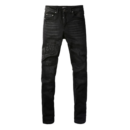 Pantalones vaqueros ajustados elásticos de tendencia urbana europea y americana con bordados empalmados para hombres #1312 